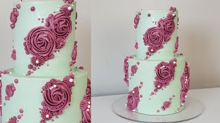 Beautiful PIPED BUTTERCREAM ROSETTE APPLIQUE CAKE  CAKE DECORATING TUTORIAL [upl. by Qirat]