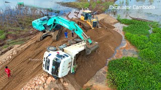 Dump Truck Drive Back Unloading Landslide Overturned  Recovery Dump Truck Stuck  Excavator Struck [upl. by Ma499]