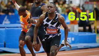 Christian Coleman 60m 651 beats Andre De Grasse Ackeem Blake  Millrose Games 2024 [upl. by Yarw]