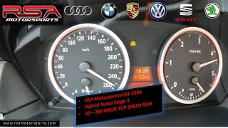 RSA Motorsports E61 530d  Hybrid Turbo Stage 3  50260 kmh Acceleration Test  Top Speed Run [upl. by Arrehs]