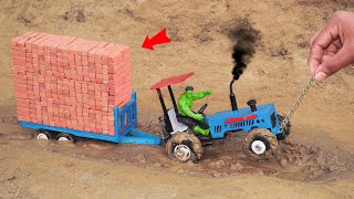 Diy mini tractor heavy trolley full bricks loaded stuck in mud science project sanocreator [upl. by Nairbo]