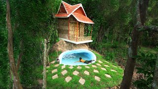 Survival Girl Living Alone Building A House Wooden Villa and Mud Roof on Underground Swimming Pool [upl. by Eittol777]