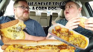 Sonic DriveIn Mukbang w My Brother Trying the NEW Grilled Cheese Burger at Sonic  Coney Dogs Etc [upl. by Oahc400]