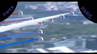 Paris Eiffel Tower France French Flag Flyover with Blue White Red [upl. by Marsiella]