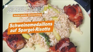 Der Servicetechniker kocht Schweinemedaillons auf Spargelrisotto [upl. by Arimaj]