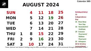 August 2024 Calendar with Holidays  India 📅 Calendar 365 📅 [upl. by Bary]