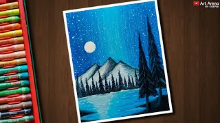 Night Sky Mountain scenery drawing for beginners with Oil Pastels  step by step [upl. by Blakely]