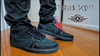 TRAVIS SCOTT JORDAN 1 LOW BLACK PHANTOM REVIEW amp ON FEET [upl. by Motteo]