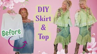 How To Make a Fun Boho Outfit From a Jean Skirt amp White Blouse Dyed Green [upl. by Irakab]