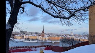 Stockholm Snow Walk from street life to glorious view Timmermansgatan  Monteliusvägen 4K [upl. by Holtz106]