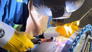 TIG Welding 12quot Stainless Steel Pipe  SetUp ROOT amp CAP [upl. by Eramal469]