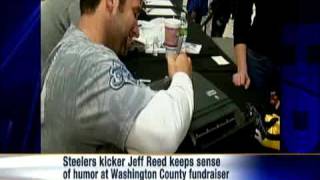 Jeff Reed Autographs Paper Towel Dispenser At Fundraiser [upl. by Yrolg]