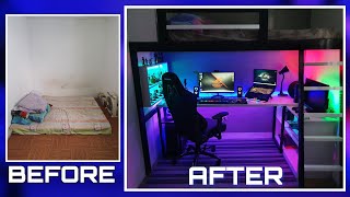 DIY LOFT BED W GAMING AREA Small Room Makeover Ultimate Gaming Room Setup w LED expert Lighting [upl. by Eanahc]