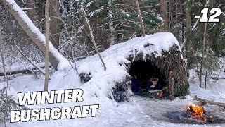 Survival in a cold wild forest Constructing shelter to protect yourself from snow and wind  ASMR [upl. by Lananna]