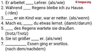 A1 A2 B1 B2 C1 Übungen Konjunktionen als wenn wie las lass wen des trotz nachdemnach [upl. by Critchfield]