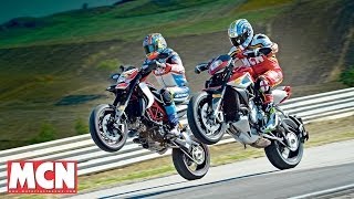 MV Agusta Rivale 800 vs Ducati Hypermotard SP  Versus Test  Motorcyclenewscom [upl. by Naillig]