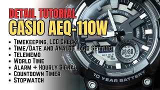 Casio AEQ110W Detail Tutorial Complete Guide to Set Time Date Telememo Alarms Timer etc [upl. by Monahan]