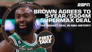 Jaylen Brown agrees to a 5year304M supermax contract extension with Celtics  First Take [upl. by Leorsiy]