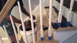 Richard applying Dark Walnut Stain inside stairs tread [upl. by Aible632]