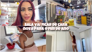 COMPREI UM NOVO PENDENTE  REPAGINANDO A SALA COMECEI A COLOCAR BOISERIE DE GESSO [upl. by Sucitivel33]