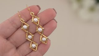 Easy Earring Tutorial with Bugle Beads Gold Diamond Pearl Earrings Making  Handmade Pearls Jewelry [upl. by Anik794]