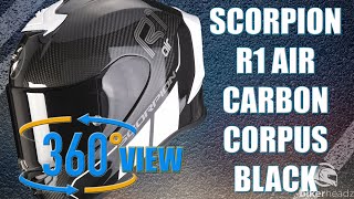 SCORPION EXO R1 Carbon Corpus 2 Black 360° 4K Video  Bikerheadzcouk [upl. by Enila]