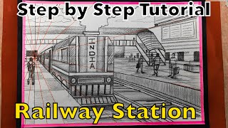 How to draw Railway Station  One Point Perspective  NID  NIFT  NATA  BFA [upl. by Enetsirk]