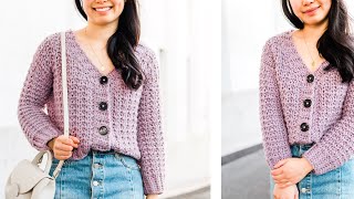 Crochet Chunky Cropped Cardigan with Buttons Free Pattern  Tutorial  For The Frills [upl. by Ahsirhcal]