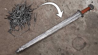 Forging DAMASCUS Viking Sword from NAILS [upl. by Oiliruam405]