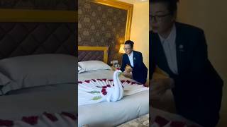 Swan towel decoration  How to decorate bed with swan towel art folding  Towel art [upl. by Htilil]