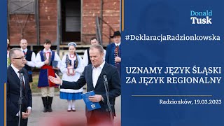 Donald Tusk Uznamy język śląski za język regionalny konferencja prasowa Radzionków 19032023 [upl. by Anhavas]