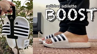 adidas adilette boost slides  Unboxing and On Feet  Azo Edition [upl. by Largent]