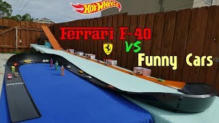 Hot Wheels Double Curve Fat Track Ferraris F40 vs Funny cars Tournament race fastest toys [upl. by Noislla703]