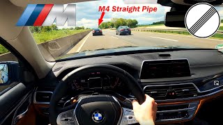 BMW 750d xDrive 400psamp760Nm vs Straight Pipe BMW M4  Car Review  TOP Speed run  by Cars2Drive DE [upl. by Massingill478]