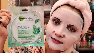 Garnier Skin Naturals Green Tea Face Serum hydra bomb sheet mask review amp demo  RARA [upl. by Gilud]