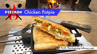 Pieiron chicken pot pie  bonus pieiron Thanksgiving feast  hot and toasty campfire comfort food [upl. by Brittain172]