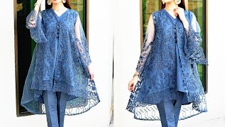 Designer high low tail style open fancy net frock design with cutting and stitching method 2021 [upl. by Halford984]