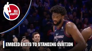 Joel Embiid exits game to STANDING OVATION after 70POINT NIGHT 👏  NBA on ESPN [upl. by Krebs174]