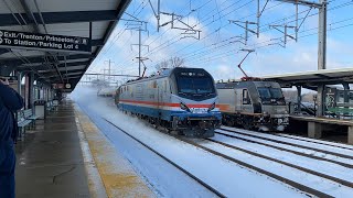 Amtrak amp NJ Transit Snowy 125 MPH Northeast Corridor Trains  Princeton Junction 1722 [upl. by Millham]