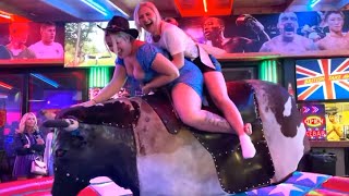 Funny 😜 bull 🐂 riding lastnight🧍‍♀️♉ Mechanical 🤪 Bull Riding🐂 Beautiful girls 18 May 2024 [upl. by Dnomsaj]