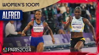 Julien Alfred BEATS ShaCarri Richardson to win 100m USAs Jefferson gets bronze  Paris Olympics [upl. by Elehcor]