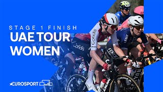 STARTING THE SEASON WITH A BANG 🔥😮‍💨  Stage 1 Finish UAE Tour Women 2024  Eurosport Cycling [upl. by Ethelin]