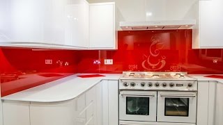 Red Glass Kitchen Splashback and White Glass Worktop Installation by Creoglass Design 01923 819 684 [upl. by Haldane]