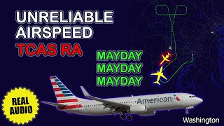 MAYDAY Unreliable airspeed TCAS RA during descent American Boeing 737 diverts to Dulles Real ATC [upl. by Janeva]