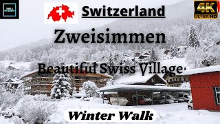 Snowfall in Zweisimmen Gstaad Saanen Switzerland  Winter Walk Tour  winter Switzerland [upl. by Isolt]