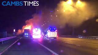 Lorry fire on the A1M J15 between Huntingdon and Peterborough [upl. by Bondy]