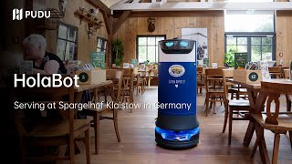 HolaBot serves at Spargelhof Klaistow in Germany  Pudu Robotics [upl. by Meeharb]