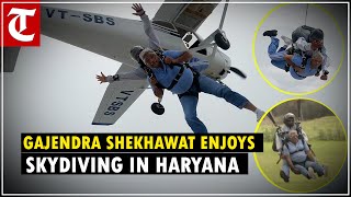 Tourism Minister Gajendra Shekhawat enjoys skydiving in Haryana sets adventure goals [upl. by Risay]