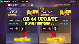 MEMBERSHIP CHANGE IN OB44 UPDATE FREE FIRE  WEEKLY amp MONTHLY MEMBERSHIP CHANGE FREE FIRE [upl. by Eugenie]