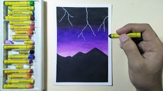 Easy Oil Pastel Tutorial for Beginners  Night Thunderstorm  Lightning [upl. by Idrahs]